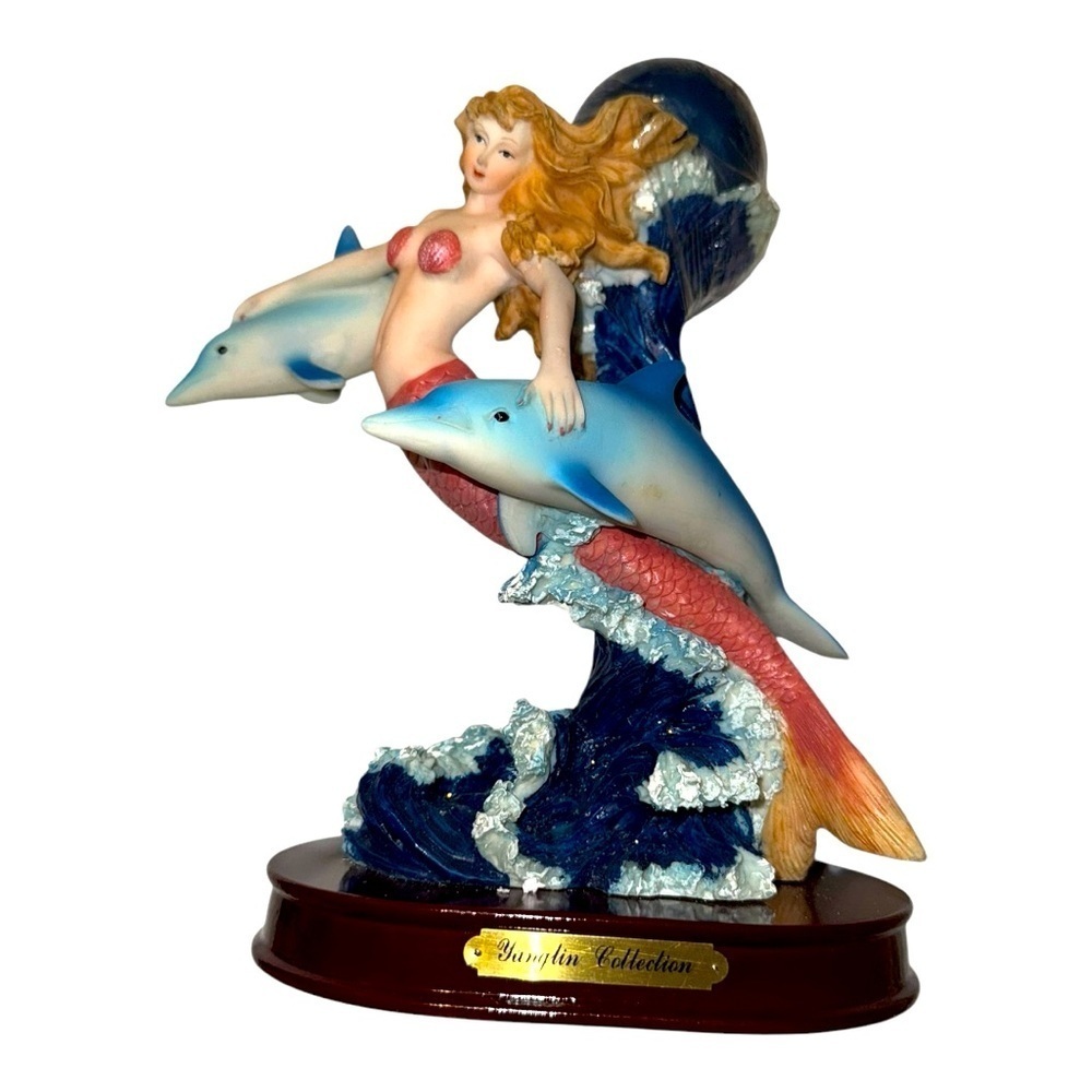 Yanglin Collection LARGE Pink mermaid/ 2 Dolphins Candle Holder Figurine 10”‎